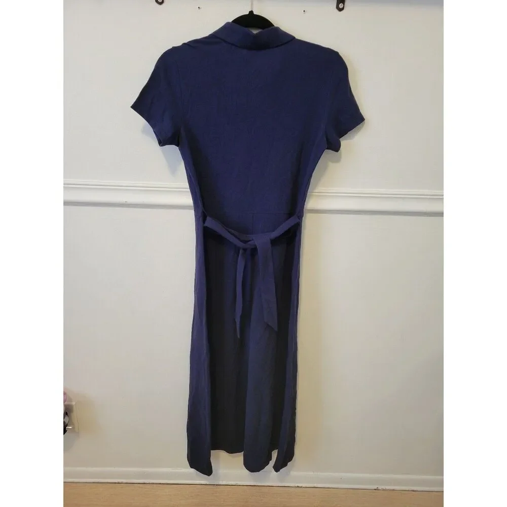 New Womens sz xs vineyard vines navy blue tie waist cotton dress midi knit